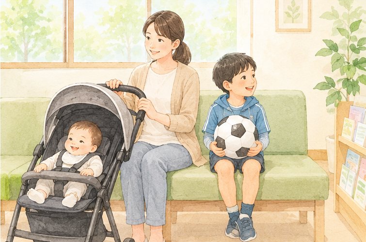 待合室でベビーカーの赤ちゃんを連れた母親と、サッカーボールを持った男の子が待っているイラスト