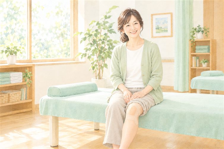 整骨院の施術室で、ズボンの裾をまくり膝にテーピングをした女性が、施術ベッドに腰かけてほほえんでいるイラスト