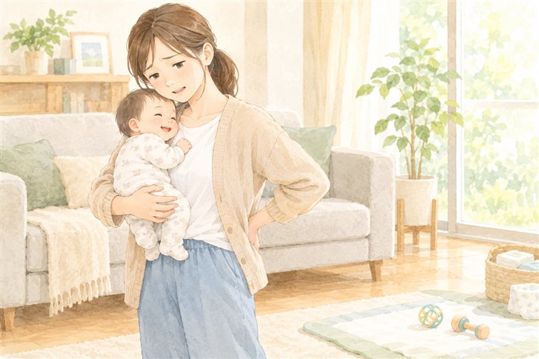 リビングで赤ちゃんを抱っこしながら、もう片方の手を腰に当てている母親のイラスト