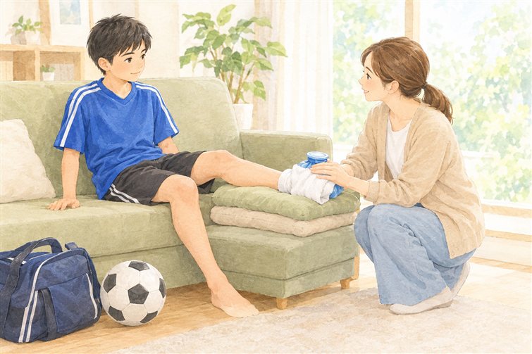 ソファで足をクッションにのせて高く上げ、タオルで包んだ保冷剤で足首を冷やしているサッカーのユニフォーム姿の男の子と、そばで支える母親のイラスト