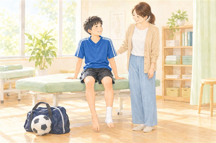 整骨院の施術室で、足首にテーピングをしたサッカーのユニフォーム姿の男の子と、見守る母親のイラスト